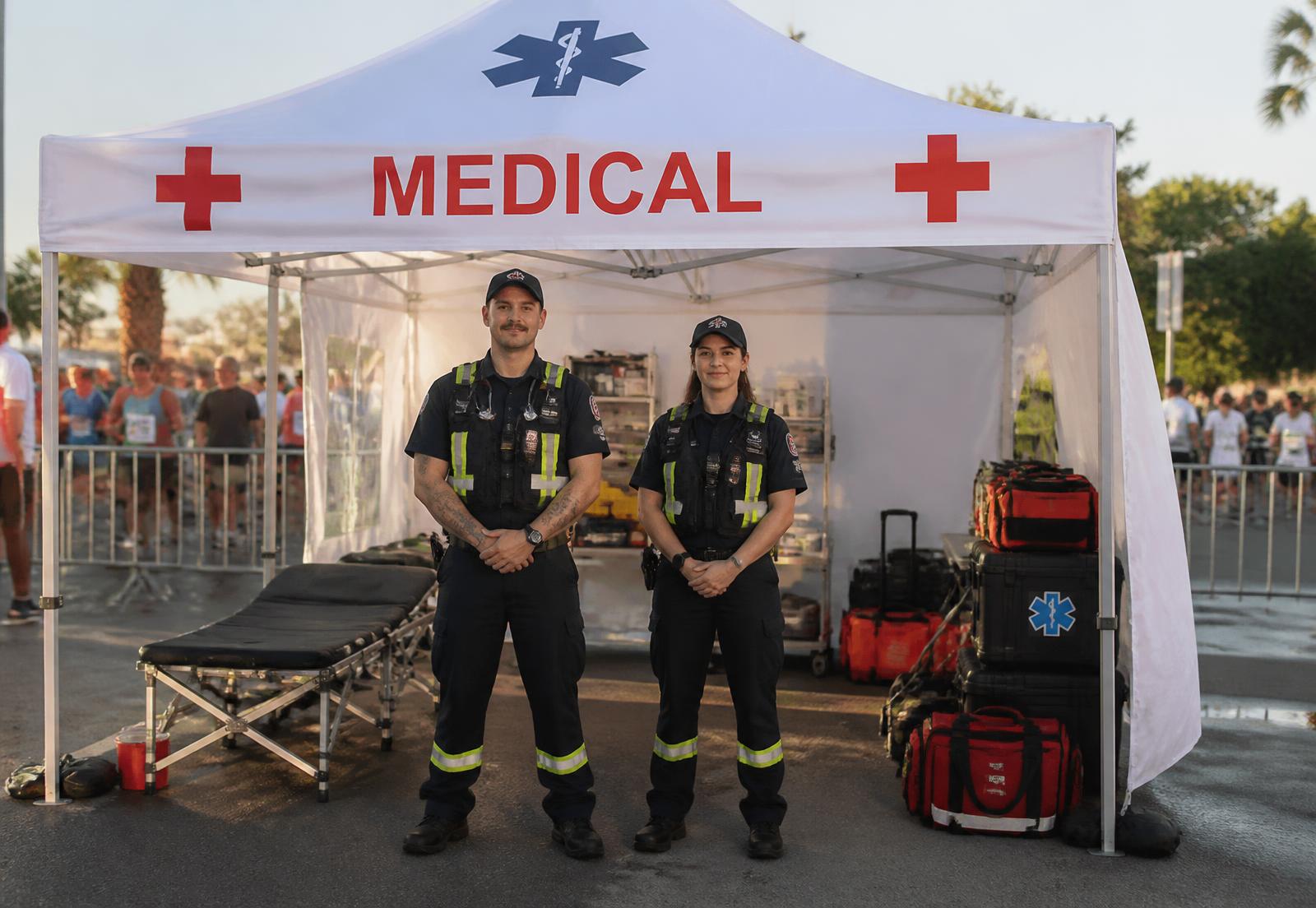 Event medical first aid tent staffed by two EMTs at an outdoor race